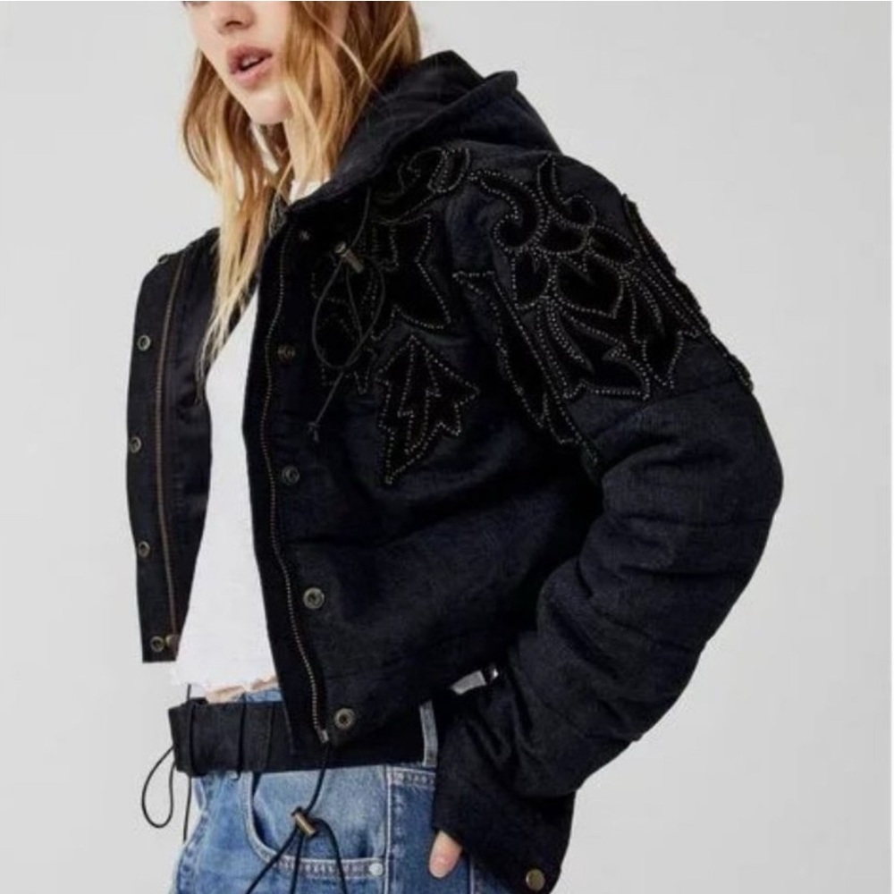 Free People Fleur De Lis Denim Puffer Jacket / Washed Black - Picture 1 of 4